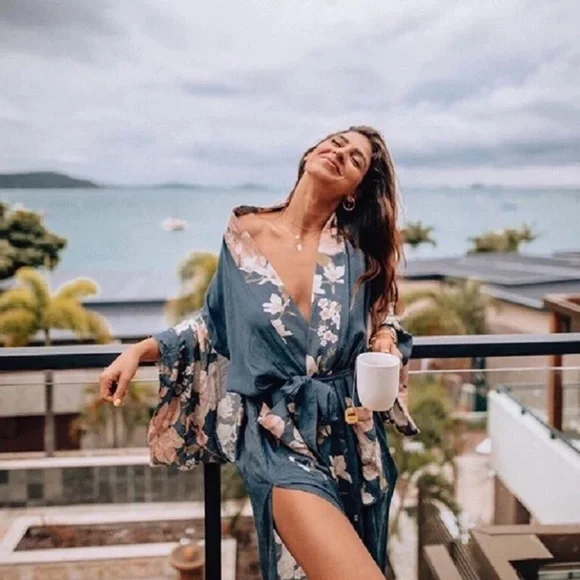 SOLD OUT Blue Floral Bohemian Peacock Kimono Duster Robe - Picture 7 of 7